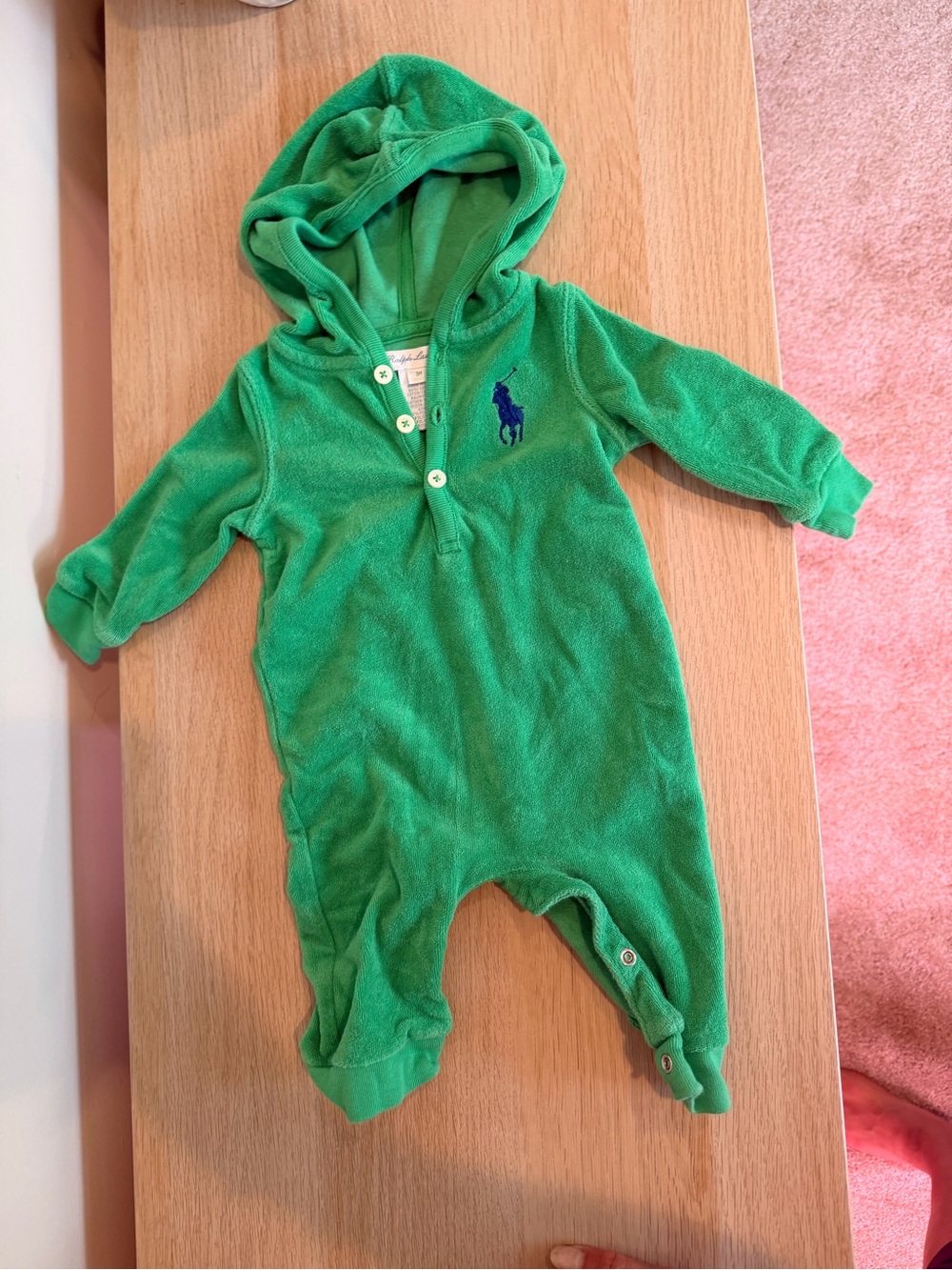 Ralph Lauren Green Hooded Terry Baby Romper with Polo Logo